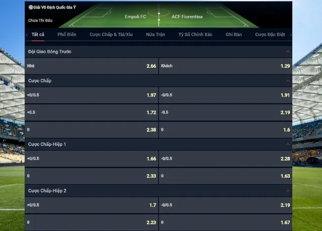 Bảng tỷ lệ kèo trận Empoli vs Fiorentina